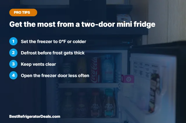 Get the most from a two-door mini fridge tips card