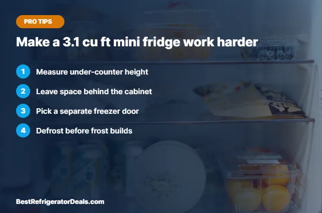 Make a 3.1 cu ft mini fridge work harder tips card