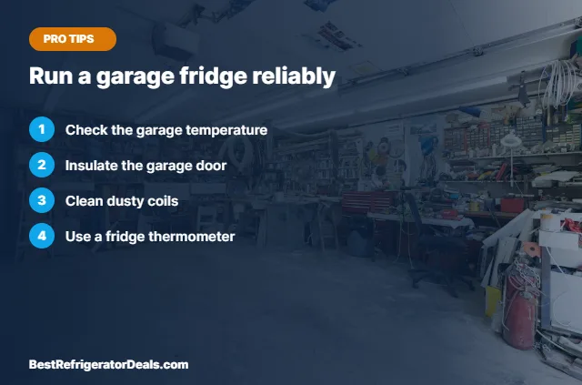 Run a garage fridge reliably tips card