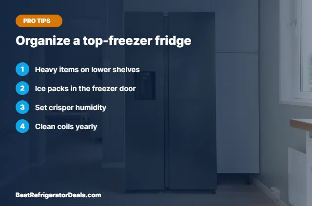 Organize a top-freezer fridge tips card