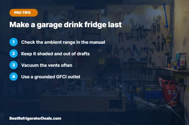 Garage beverage fridge tips over a workshop photo