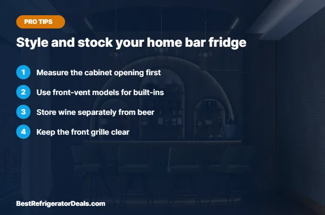 Home bar fridge tips over a photo of an elegant home bar