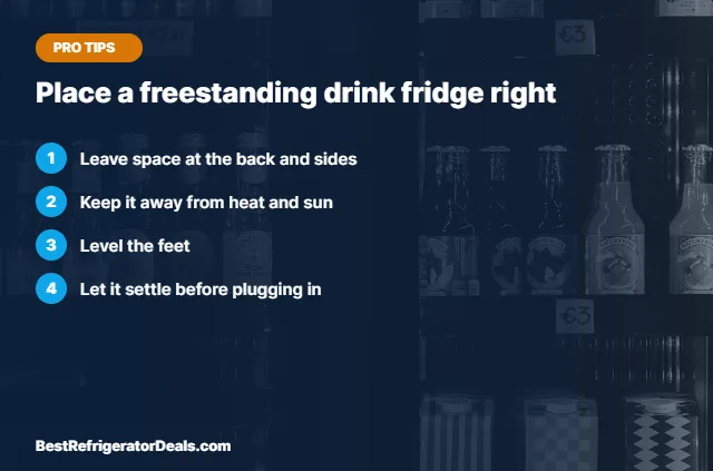 Freestanding beverage fridge tips over a photo of drinks on fridge shelves