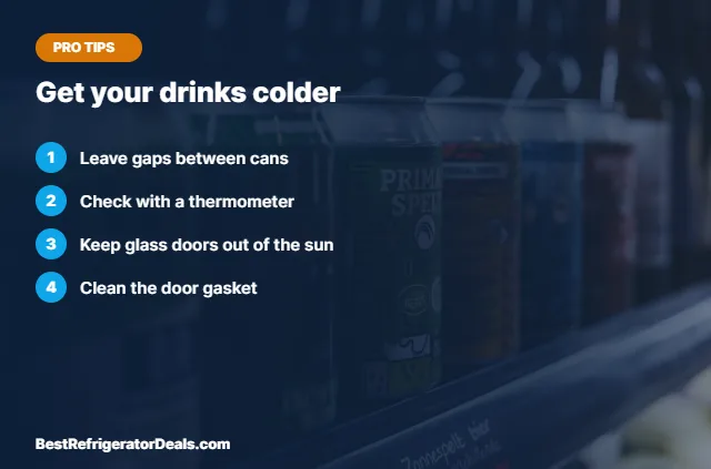 Tips for colder drinks over a photo of canned drinks on a shelf