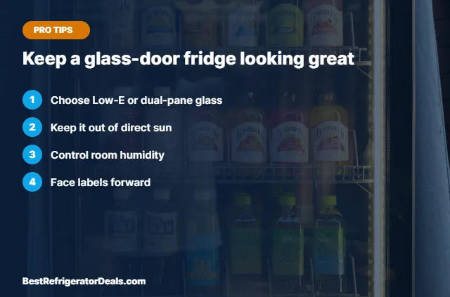 Glass door beverage fridge tips over a photo of a glass door fridge with bottles