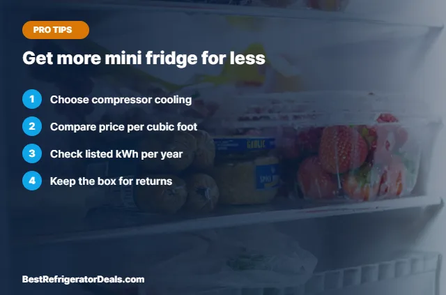 Get more mini fridge for less tips card