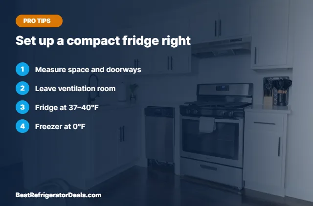 Set up a compact fridge right tips card