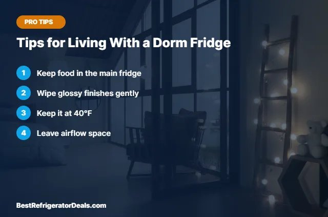 Tips for Living With a Dorm Fridge tips card