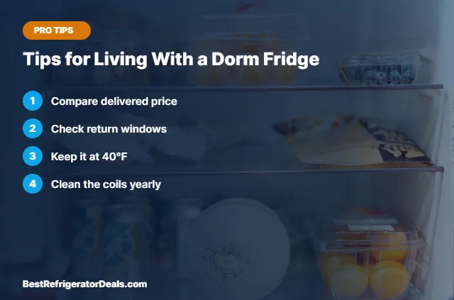 Tips for Living With a Dorm Fridge tips card
