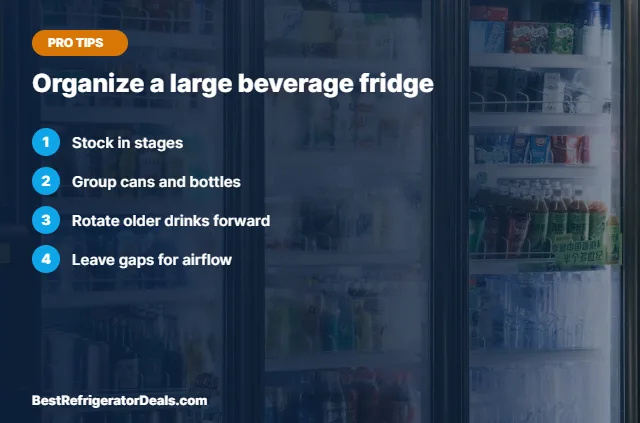 Large beverage fridge tips over a photo of illuminated drink fridges