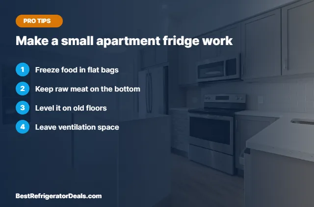 Make a small apartment fridge work tips card