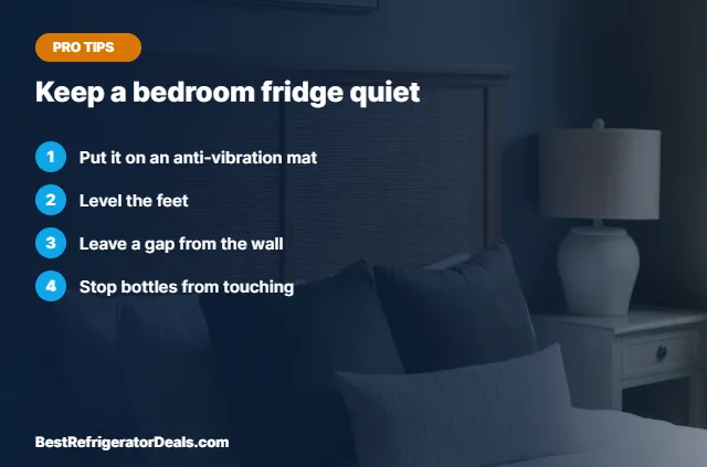 Keep a bedroom fridge quiet tips card