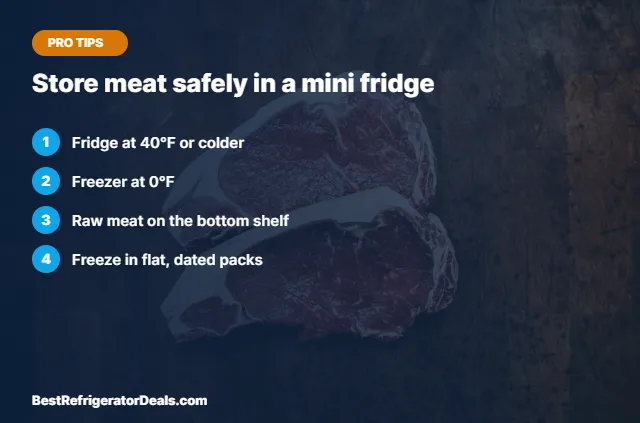 Store meat safely in a mini fridge tips card