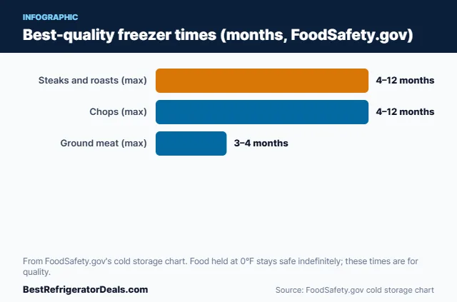 Bar chart: freezer quality times for meats