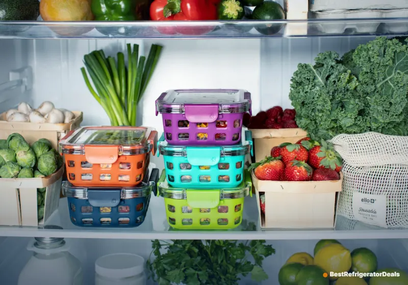 Organized refrigerator shelves with food containers