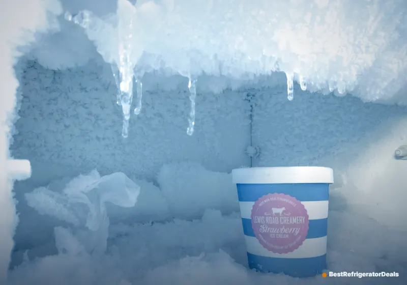 Frosty freezer interior with ice cream