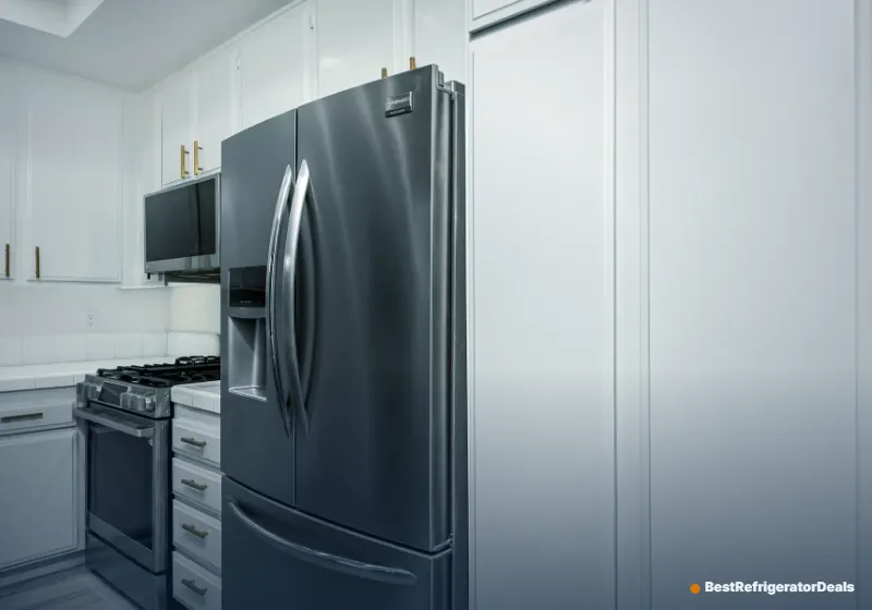 Side-by-side stainless steel refrigerator next to white cabinets