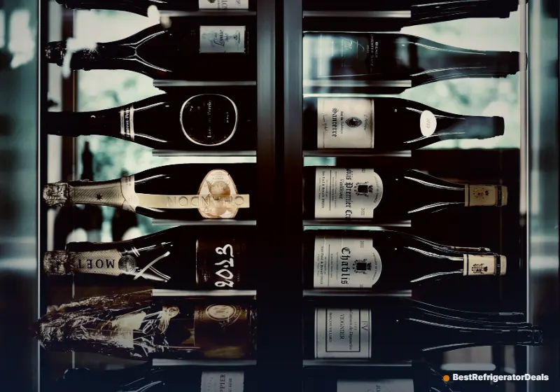 Wine bottles stored in a wine cooler