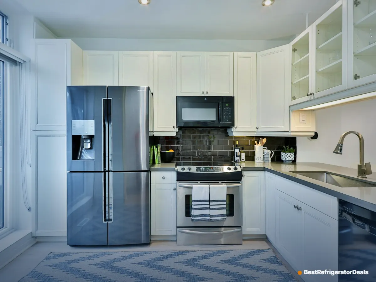 Stainless steel French door refrigerator in a white kitchen