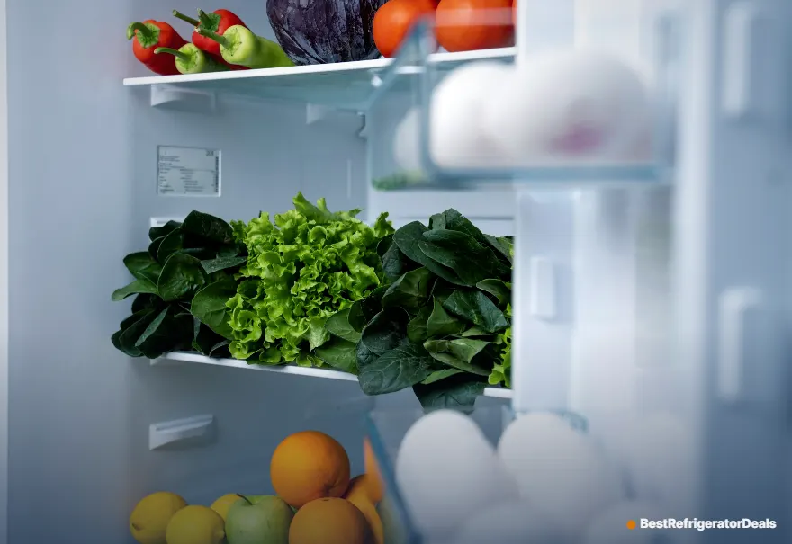 Refrigerator shelves filled with fresh fruit and vegetables